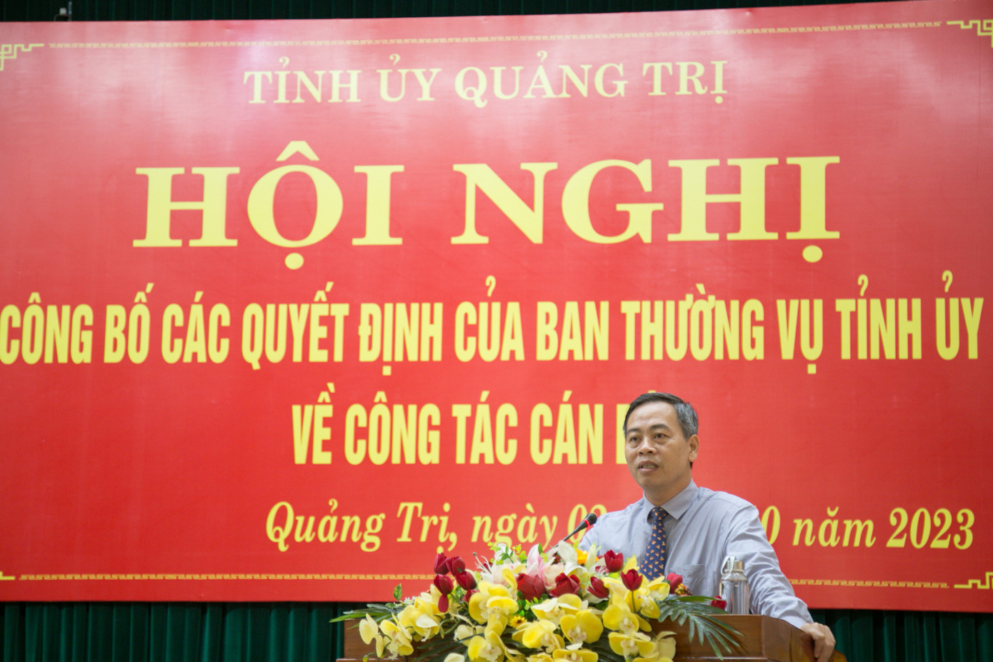 Phó Bí thư Thường trực Tỉnh ủy, Chủ tịch HĐND tỉnh Quảng Trị Nguyễn Đăng Quang phát biểu giao nhiệm vụ cho các cán bộ được bổ nhiệm.