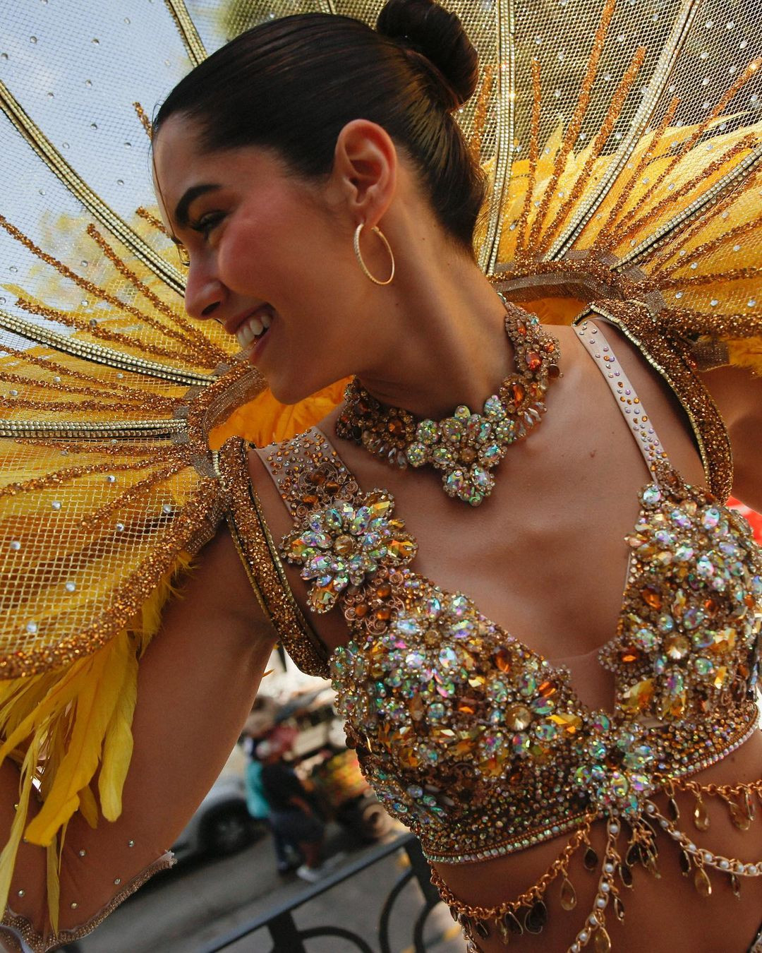 Ngày 19/2, Hoa hậu Hoàn vũ 2014 Paulina Vega tham dự lễ hội Carnaval tổ chức tại Thành phố cảng Barranquilla ở Colombia. Người đẹp diện trang phục đính kết lấp lánh đậm chất lễ hội. Bộ trang phục của Paulina mang tông màu vàng gold sang trọng với những đường cut-out phóng khoáng, giúp người đẹp khoe đường cong.