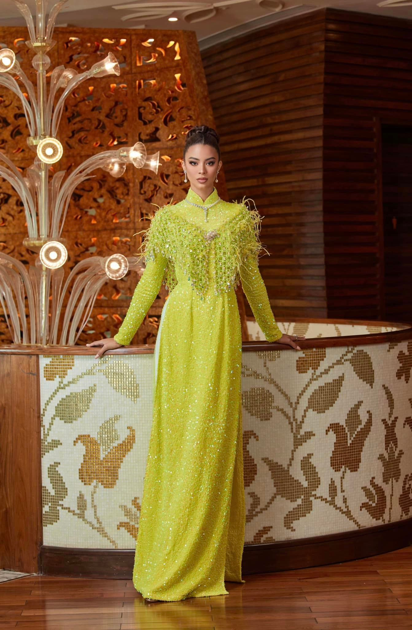 Á hậu 2 Andreína Martínez chọn áo dài tông màu vàng nổi bật với điểm nhấn là những chiếc lông vũ được đính kết tỉ mỉ trên thân áo. Người đẹp chọn cách búi tóc sang trọng, quý phái. Phong cách trang điểm được các chuyên gia make-up người Việt thực hiện cho người đẹp Cộng hòa Dominica giúp cô tỏa sáng hơn tại sự kiện.