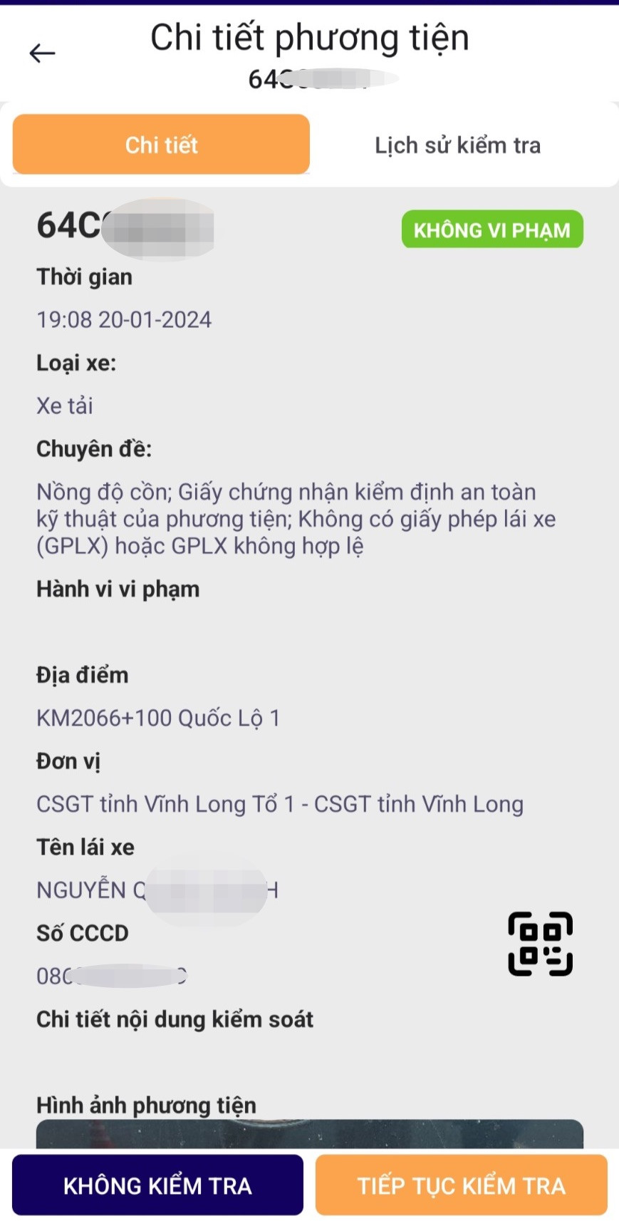 Ứng dụng quét QR Code kiểm tra phương tiện. Ứng dụng quét QR Code kiểm tra phương tiện.