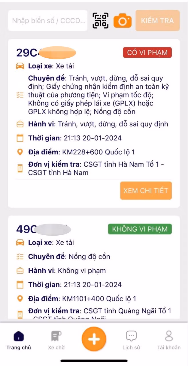 Ứng dụng quét QR Code kiểm tra phương tiện.