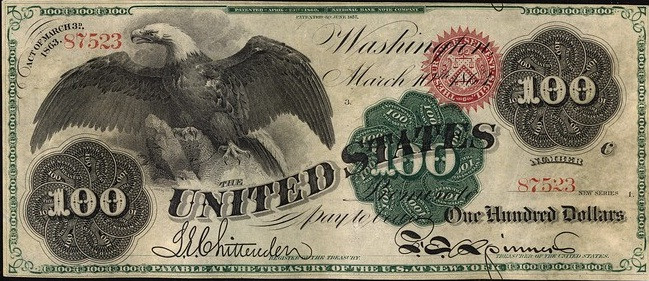 Trong cuộc nội chiến, cả hai phe đều đã ra các loại tiền mà không phải là vàng hay bạc để trả cho các loại chi phí chiến tranh. Đây là đồng 100 USD do miền Bắc nước Mỹ phát hành năm 1863