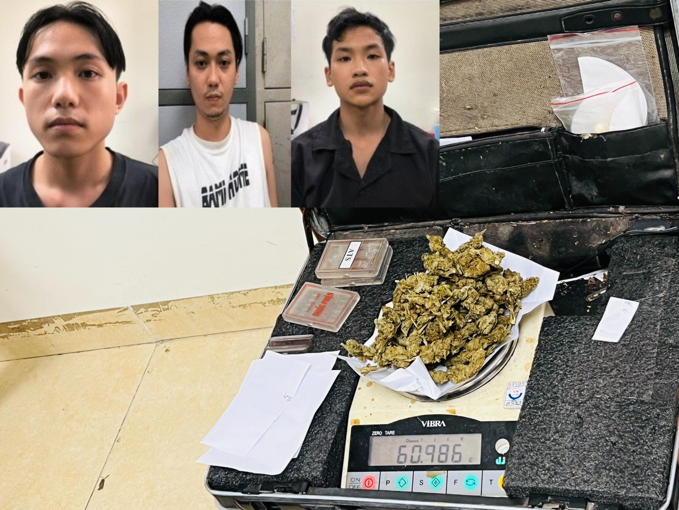 Nhóm đối tượng cùng tang vật thu giữ. Nhóm đối tượng cùng tang vật thu giữ.