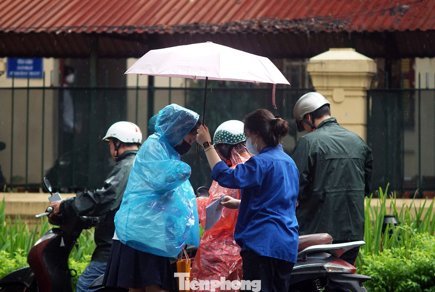 Các đoàn viên dùng ô che mưa cho thí sinh vào trường.