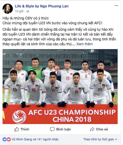 Hoa hậu Ngô Phương Lan kêu gọi fan cổ vũ U23 Việt Nam 'có ý thức' ảnh 1