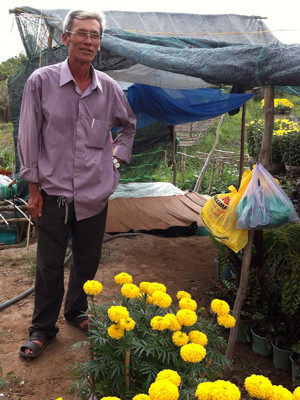 Ông Năm Bình bên tấm lưới che tạm bợ để ăn nghỉ hơn chục ngày bán hoa Tết: “Qua mùa bán hoa Tết là con gái tôi đen thui”. Ảnh: Sáu Nghệ