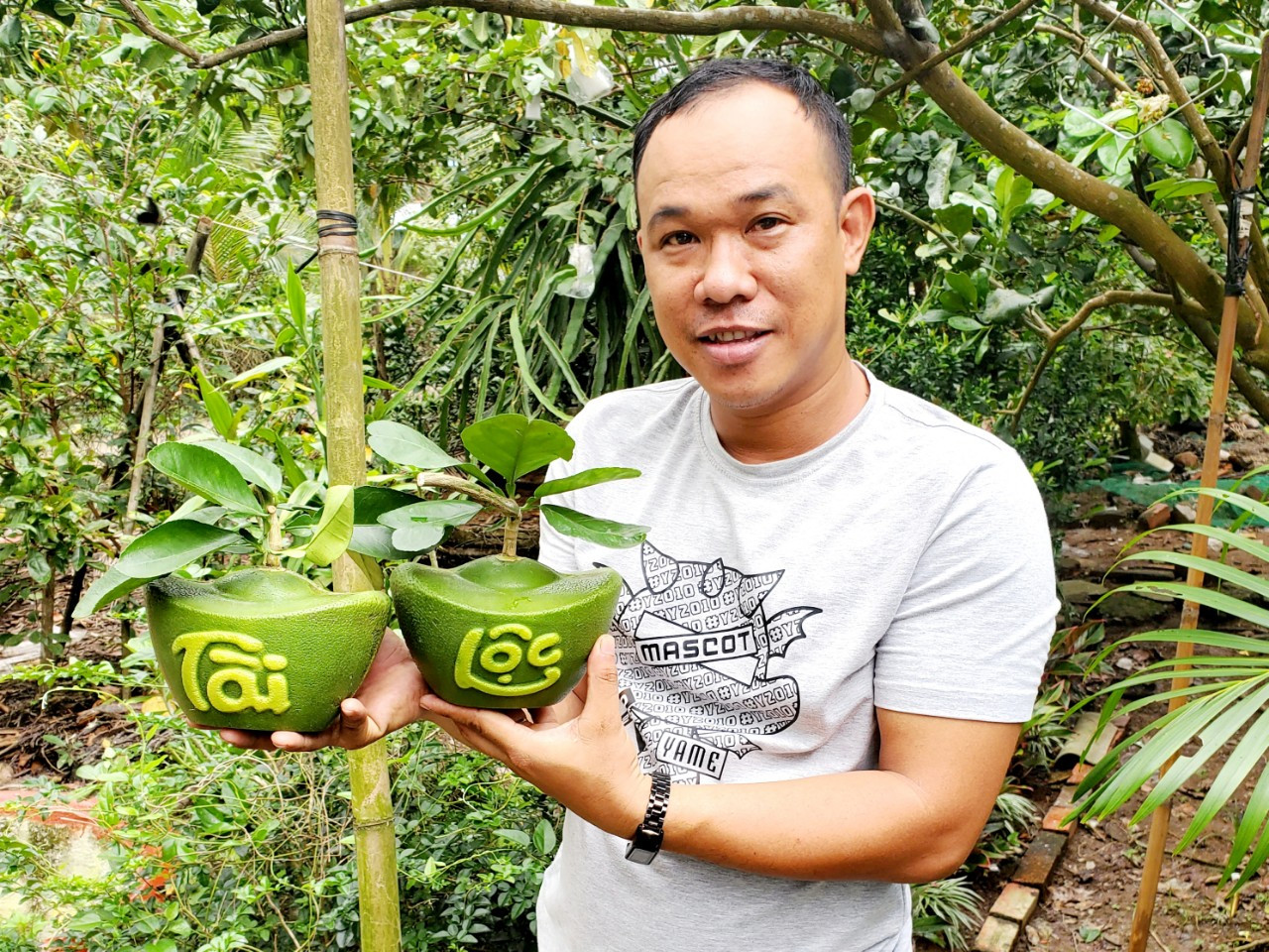 Năm nay, anh Tâm cung ứng thị trường Tết khoảng 2.000 trái dừa tạo hình hồ lô, phúc – lộc – thọ, tài - lộc và 1.500 trái bưởi tạo hình hồ lô, thỏi vàng, hoa mai, đồng tiền.