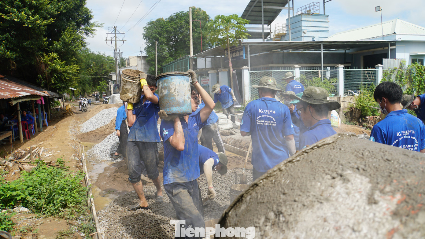 Sinh viên tình nguyện làm đường nông thôn tại Đồng Tháp. Ảnh: Hòa Hội
