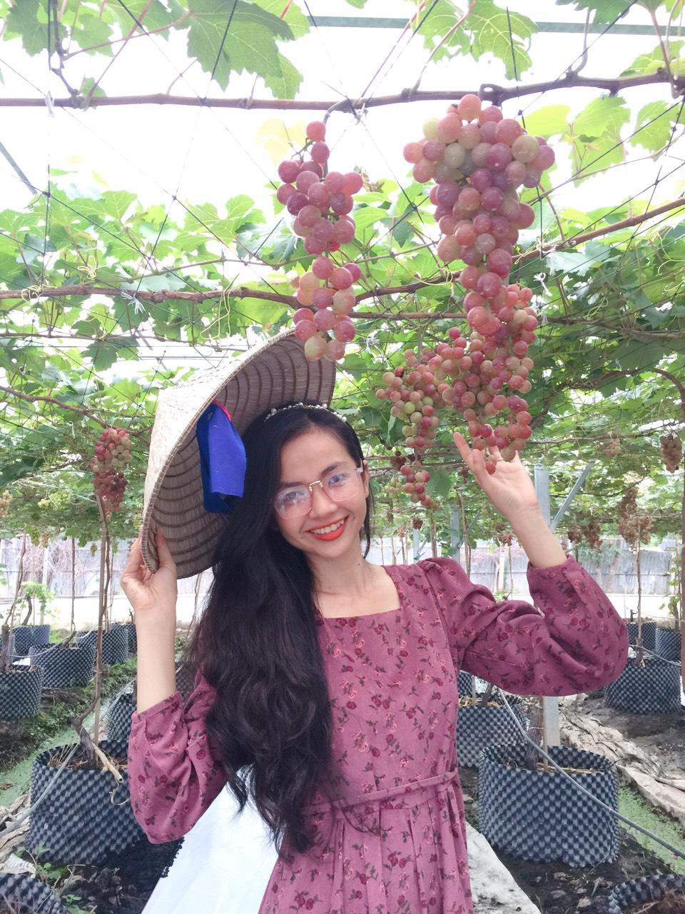 Bạn trẻ chụp ảnh bên vườn nho