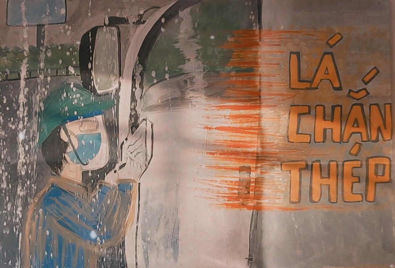 Bức tranh thể hiện mong muốn tôn vinh những cống hiến của các bạn tình nguyện viên, đoàn viên ngày đêm trực chốt khai báo y tế giữa thời tiết khắc nghiệt, đội mưa để lấy thông tin.