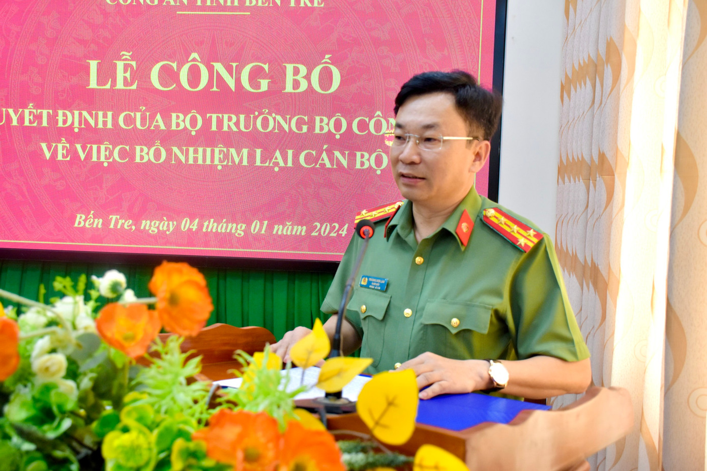 Đại tá Trương Sơn Lâm - Giám đốc Công an tỉnh Bến Tre phát biểu tại buổi lễ.