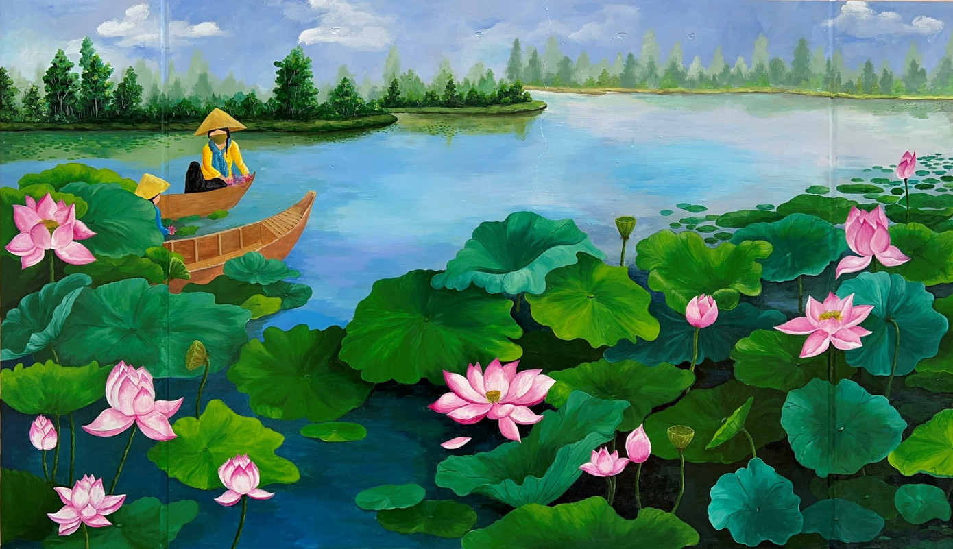 Cánh đồng sen được tái hiện qua bức tranh vô cùng sinh động.
