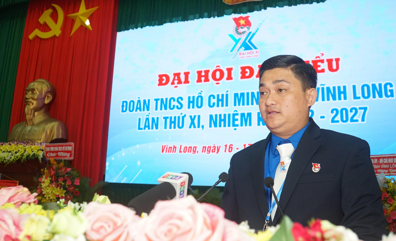 Tân Bí thư Tỉnh Đoàn Vĩnh Long Trần Công Khánh phát biểu. Ảnh: Hòa Hội Tân Bí thư Tỉnh Đoàn Vĩnh Long Trần Công Khánh phát biểu. Ảnh: Hòa Hội