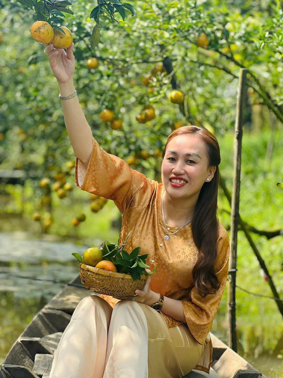 Du khách chụp ảnh bên vườn quýt trĩu quả.