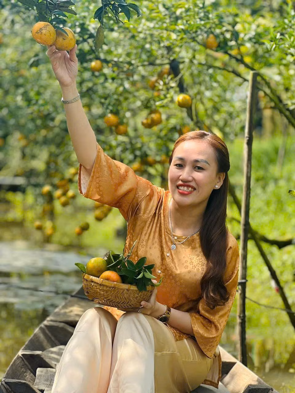 Du khách chụp ảnh bên vườn quýt trĩu quả.