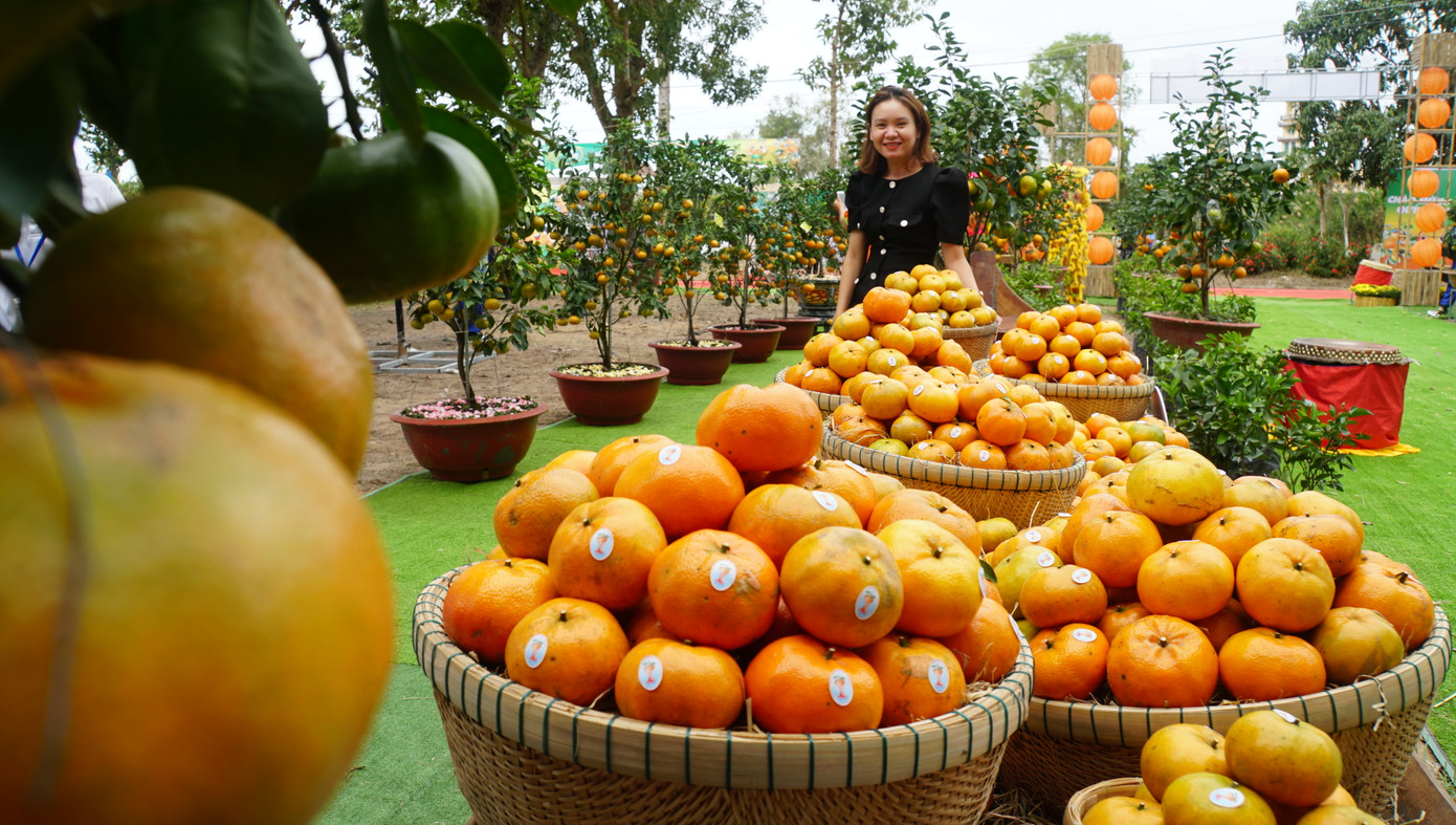 Bạn trẻ chụp ảnh với quýt hồng. Ảnh: Hòa Hội
