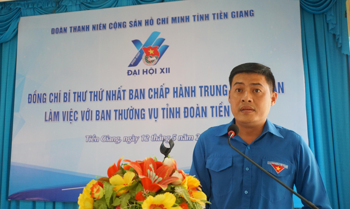 Anh Nguyễn Quang Minh, Bí thư Tỉnh Đoàn Tiền Giang phát biểu. - Ảnh: Hòa Hội