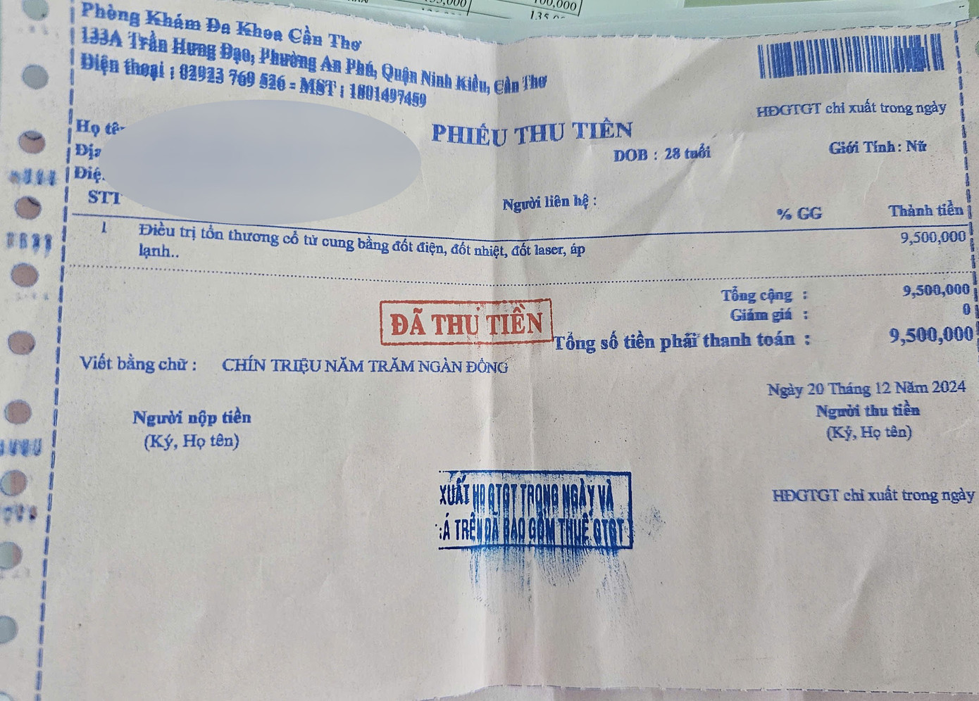 Phiếu thu điều trị cổ tử cung bằng đốt điện tại Phòng khám đa khoa Cần Thơ. Phiếu thu điều trị cổ tử cung bằng đốt điện tại Phòng khám đa khoa Cần Thơ.