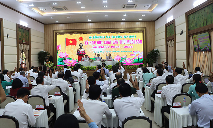 Đại biểu biểu quyết thông qua Nghị quyết. Ảnh: V. Tiến Đại biểu biểu quyết thông qua Nghị quyết. Ảnh: V. Tiến