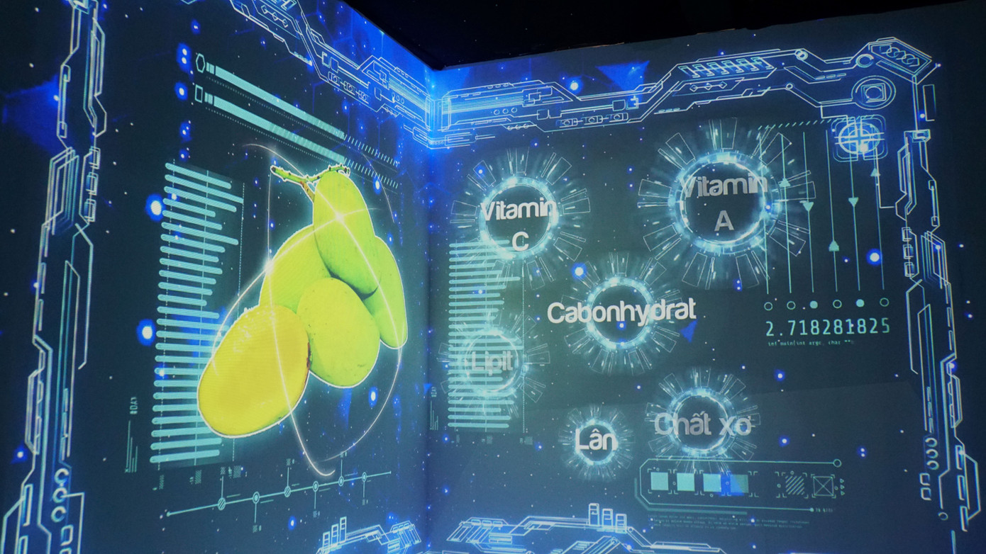 Đến với không gian này, du khách sẽ trải nghiệm không gian chiếu phim 3 chiều, mang đến cho du khách nhiều thông tin về: Sản lượng, giá trị xuất khẩu xoài, giá trị dinh dưỡng từ xoài, quy trình đóng gói, bảo quản xoài và vòng đời sinh trưởng của xoài. Ảnh: An Bình