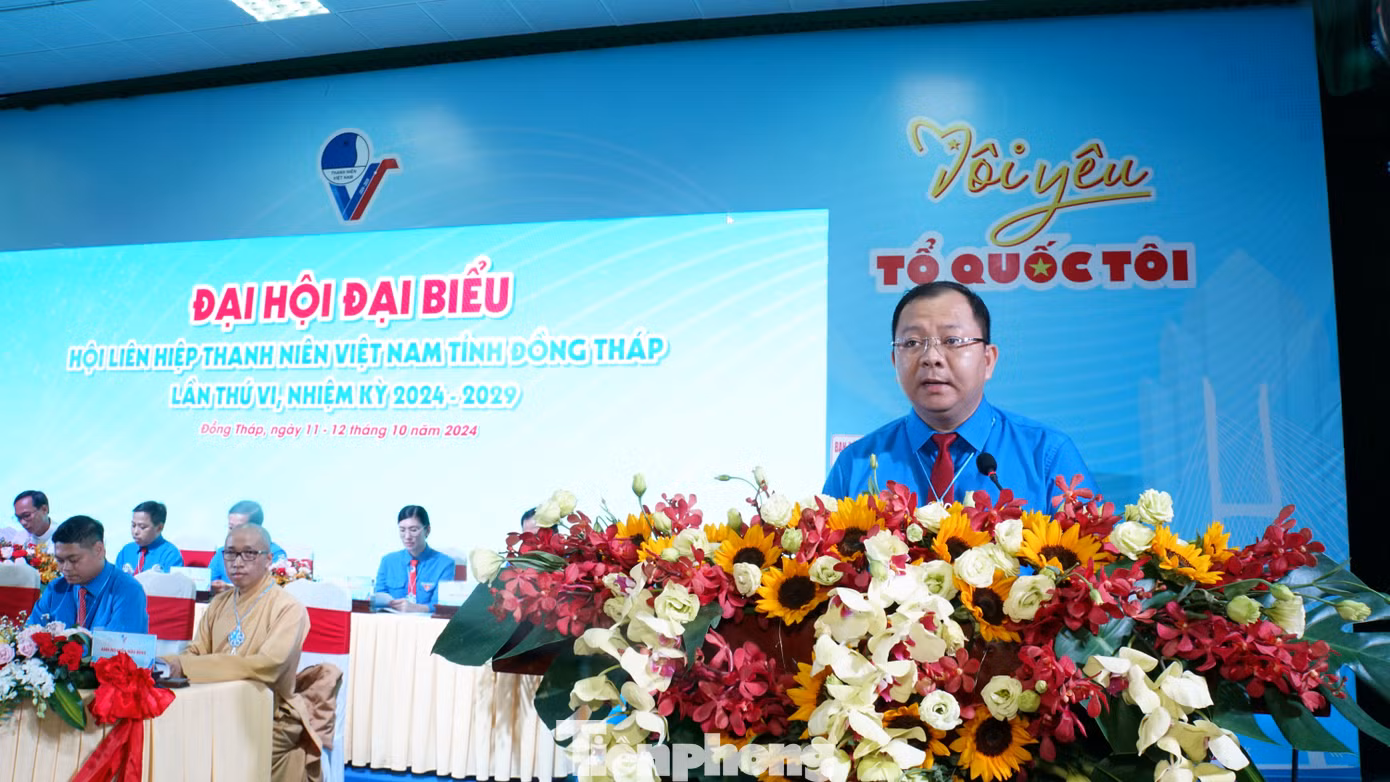 Anh Huỳnh Minh Thức - Bí thư Tỉnh Đoàn, Chủ tịch Hội LHTN Việt Nam tỉnh Đồng Tháp khóa V phát biểu khai mạc. Ảnh: Hòa Hội