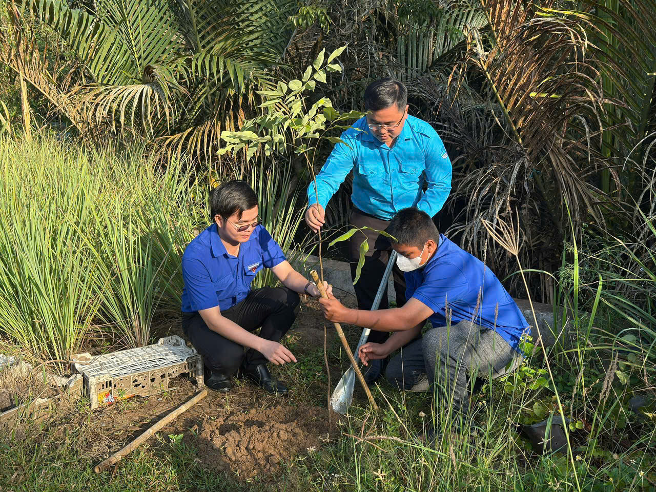 Anh Phan Thanh Trẻ - Phó Bí thư Tỉnh Đoàn, Chủ tịch Hội LHTN Việt Nam tỉnh Bến Tre tham gia trồng cây xanh.