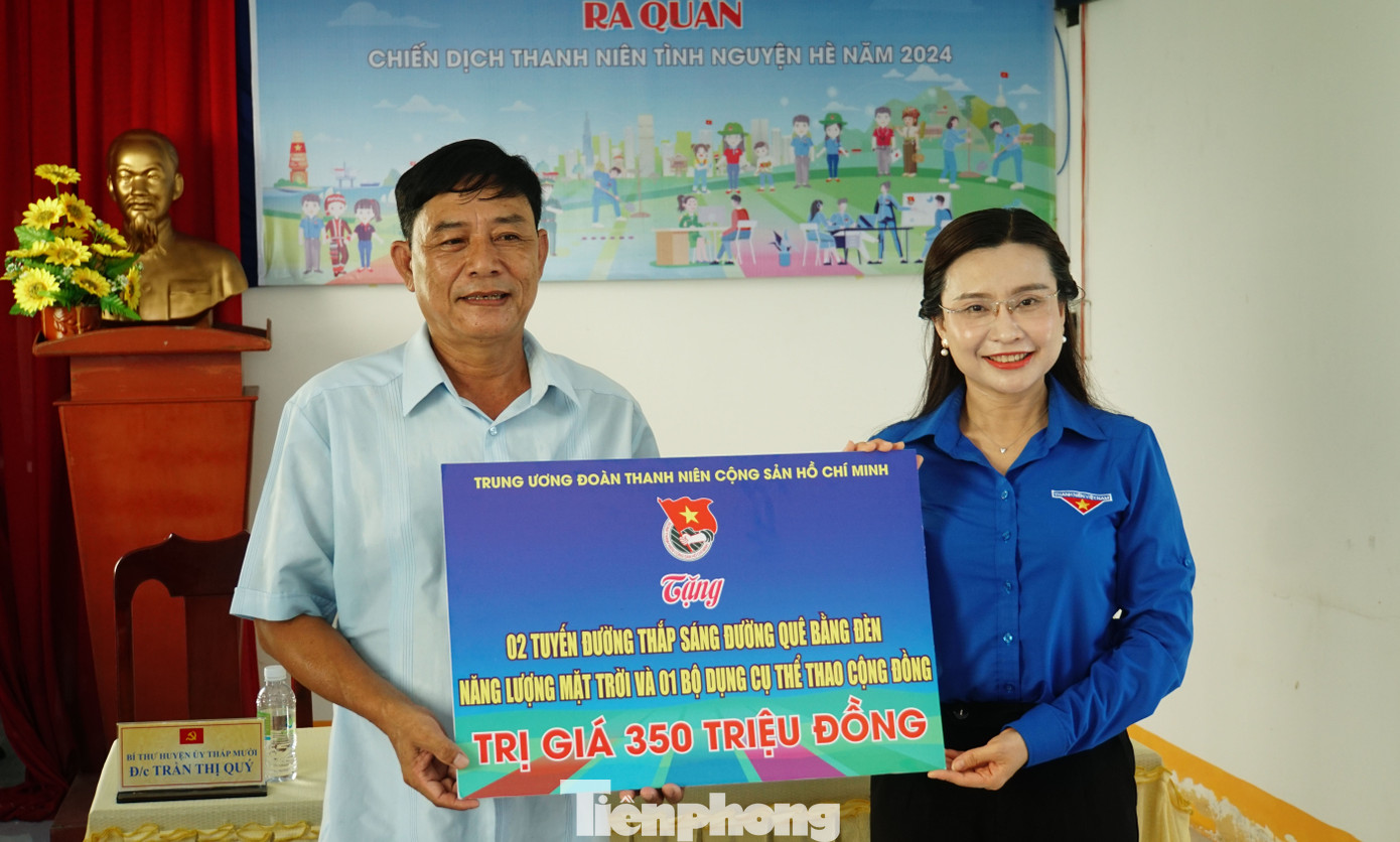 Chị Nguyễn Phạm Duy Trang - Bí thư Trung ương Đoàn trao tặng 2 tuyến đường thắp sáng và bộ dụng cụ thể thao trị giá 350 triệu đồng cho xã Tân Kiều. Ảnh: Hòa Hội Chị Nguyễn Phạm Duy Trang - Bí thư Trung ương Đoàn trao tặng 2 tuyến đường thắp sáng và bộ dụng cụ thể thao trị giá 350 triệu đồng cho xã Tân Kiều. Ảnh: Hòa Hội