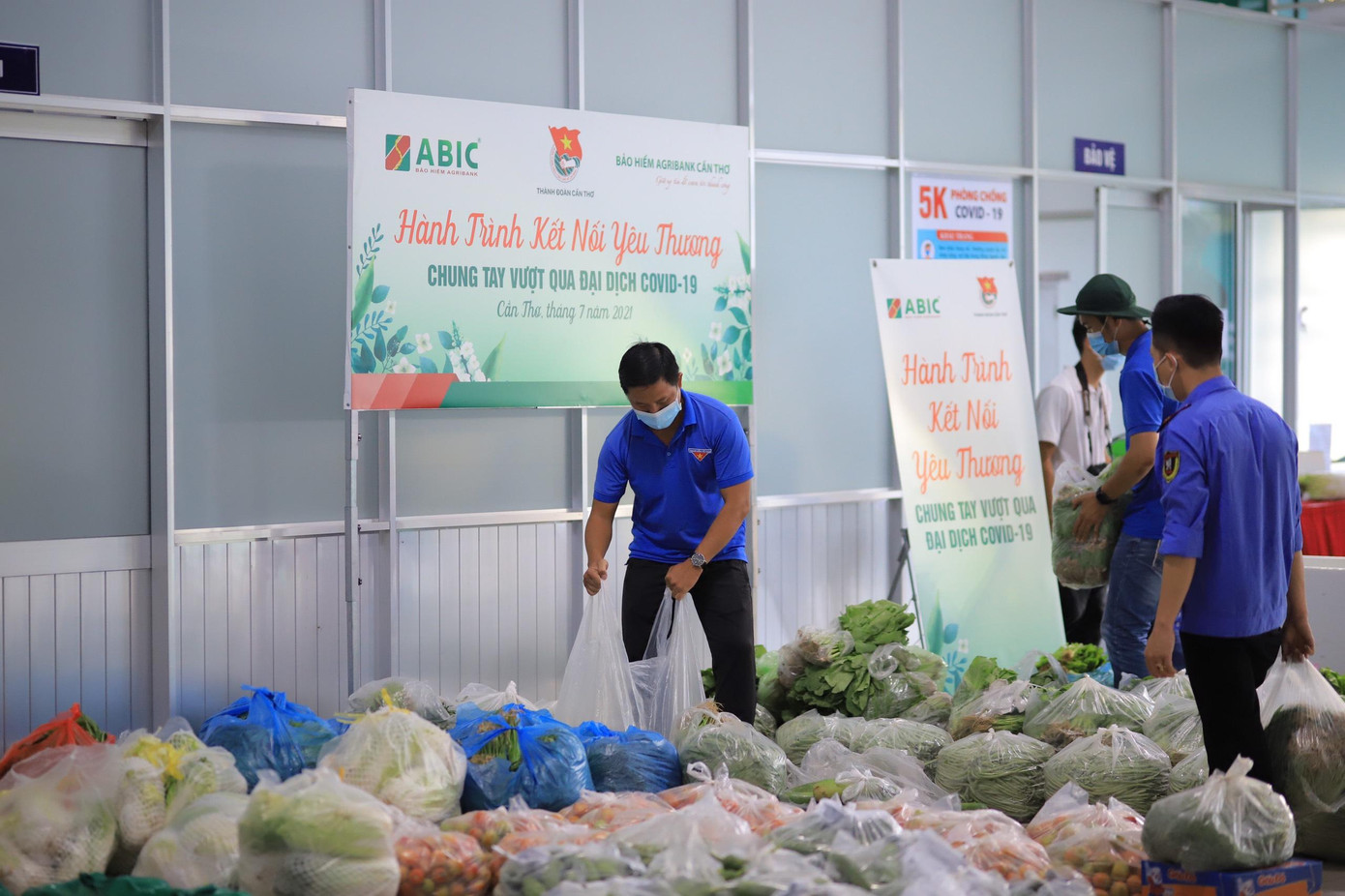 Các bạn trẻ phân phối rau cho các đơn vị. Hòa Hội - Phạm Khang