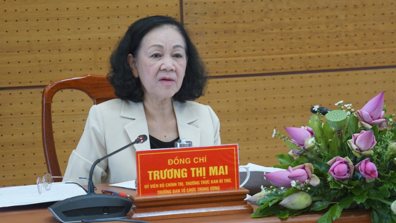 Thường trực Ban Bí thư Trương Thị Mai phát biểu tại buổi làm việc. Ảnh: Hòa Hội