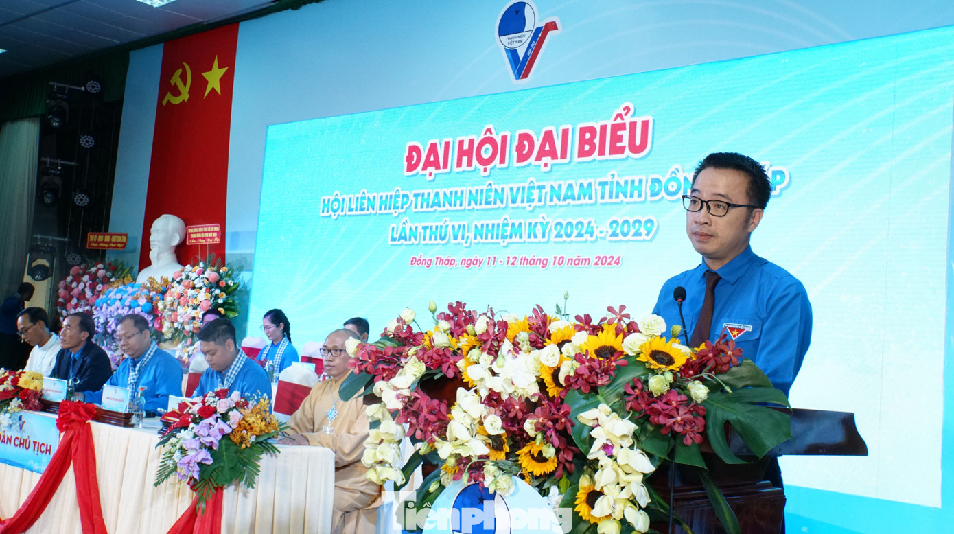 Anh Nguyễn Tường Lâm - Bí thư T.Ư Đoàn, Phó Chủ tịch T.Ư Hội LHTN Việt Nam phát biểu tại đại hội. Ảnh: Hòa Hội