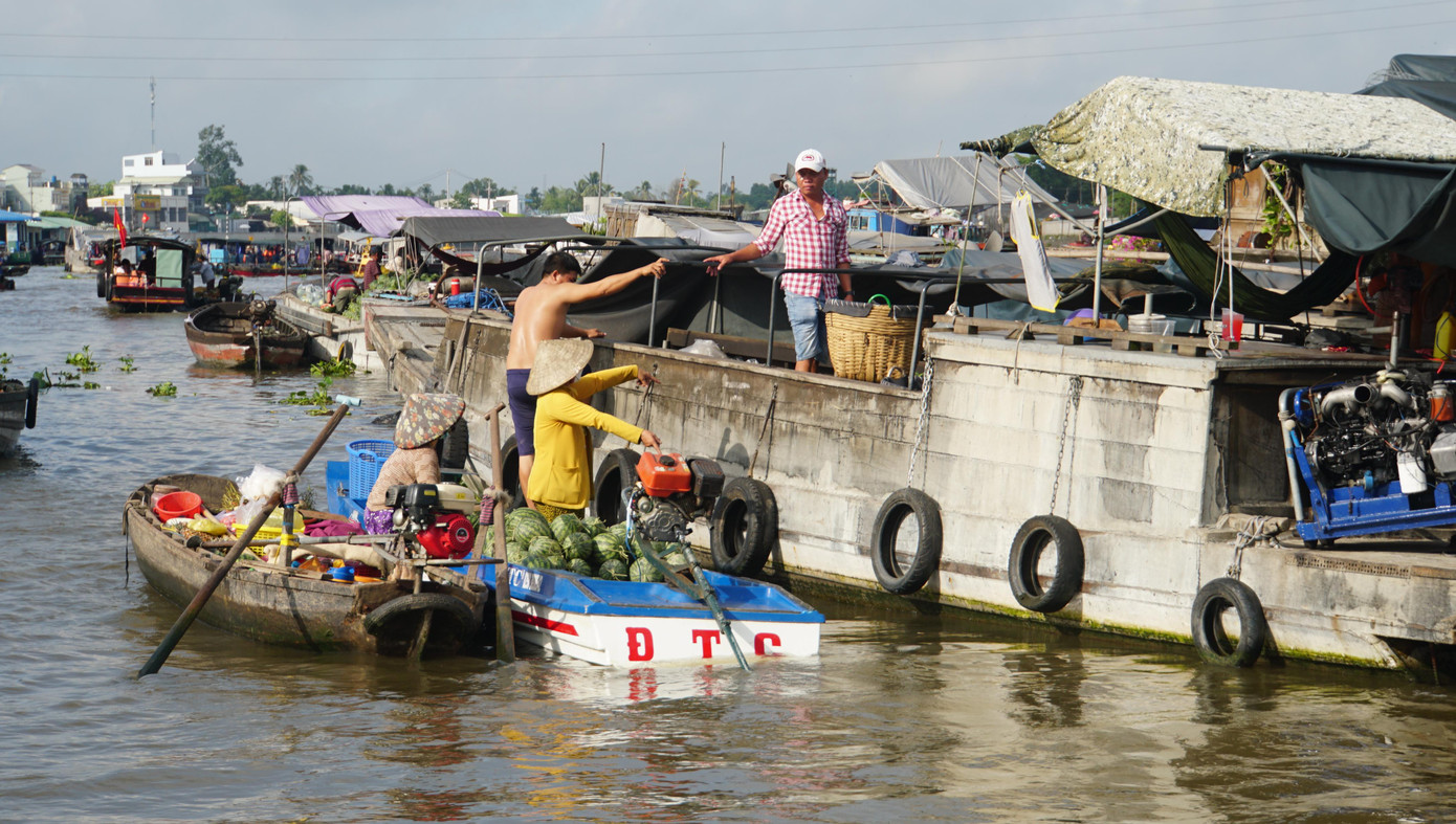 Thương hồ mua bán tại chợ nổi Cái Răng, TP Cần Thơ. Du khách trong và ngoài nước tham quan chợ nổi Cái Răng. Gần đây, du khách đến chợ nổi Cái Răng cảm thấy tò mò và thích thú bởi sự độc đáo, dễ thương của ghe bán bún riêu được sơn toàn màu hồng của vợ chồng anh Ngô Bảo Quốc (35 tuổi) và chị Nguyễn Thị Ngọc Linh (34 tuổi) đậu giữa sông, phục vụ khách du lịch tham quan quanh chợ nổi. - Ảnh: Hòa Hội Vợ chồng anh Quốc sống cặp mé sông với nghề bán bún riêu tại chợ nổi Cái Răng (phường Lê Bình, quận Cái Răng, TP Cần Thơ) gần chục năm nay. Anh Quốc cho biết, khoảng 2 giờ sáng, vợ chồng thức dậy chuẩn bị nấu nướng, đến hơn 4 giờ chạy ra giữa sông, ngay chợ nổi để bán bún riêu. - Ảnh: Hòa Hội Khi dịch COVID-19 bùng phát, vợ chồng anh tạm nghỉ, cho đến khi dịch bệnh lắng, du lịch hồi phục, vợ chồng anh nghĩ ra cách tạo điểm nhấn thú vị cho du khách bằng cách sơn lại toàn bộ chiếc ghe và vật dụng đi kèm như nắp nồi, nón lá... - Ảnh: Hòa Hội Anh Quốc cho biết, màu hồng là màu vợ yêu thích từ nhỏ nên khi vợ có ý tưởng là ủng hộ ngay rồi vợ chồng cùng sơn lại toàn bộ ghe và các vật dụng. - Ảnh: Hòa Hội Vừa loay hoay làm tô bún cho khách, chị Linh chia sẻ: “Màu hồng tôi yêu thích từ nhỏ, bởi gần gũi và dễ thương. Hơn nữa, các ghe ở đây giống nhau nên tôi muốn tạo điểm nhấn để du khách đến tham quan, ăn uống và chụp ảnh". Các vật dụng đi kèm đều được vợ chồng chị Linh sơn màu hồng. - Ảnh: Hòa Hội Trước đây, mỗi ngày vợ chồng anh chị bán khoảng 50 tô bún, nhưng từ khi "khoác áo mới" gây sự chú ý cho nhiều người, đặc biệt là các bạn trẻ đưa lên mạng xã hội, giờ mỗi ngày bán gấp 2 – 3 lần; thời điểm khách đông nhất là khoảng 6 đến hơn 7 giờ mỗi ngày. Chị Lan, du khách đến từ Hà Nội cho biết, xem trên mạng thấy chợ nổi có ghe bán bún màu hồng dễ thương nên đến đây tham quan và thưởng thức bún trên sông. Chiếc ghe dễ thương, thức ăn ngon và giá cả cũng không quá đắt. - Ảnh: Hòa Hội Du khách chụp ảnh tại chợ nổi Cái Răng. Chiếc ghe màu hồng nổi bật giữa chợ nổi giúp vợ chồng anh Quốc, chị Linh bán hơn trăm tô bún riêu mỗi ngày. - Ảnh: Hòa Hội