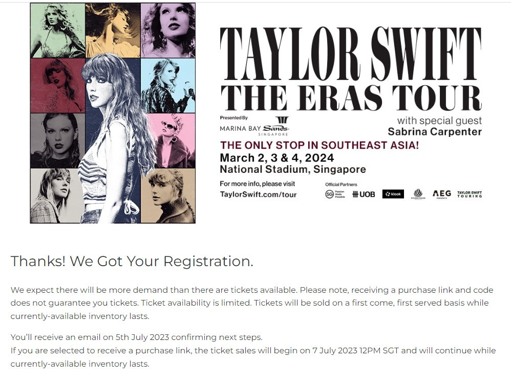 Bạn sẽ nhận được thông báo đăng ký thành công từ Ticketmaster và phải chờ tiếp đến ngày 5/7 để được hướng dẫn cách thức và nhận link mua vé vào ngày 7/7. Bạn sẽ nhận được thông báo đăng ký thành công từ Ticketmaster và phải chờ tiếp đến ngày 5/7 để được hướng dẫn cách thức và nhận link mua vé vào ngày 7/7.