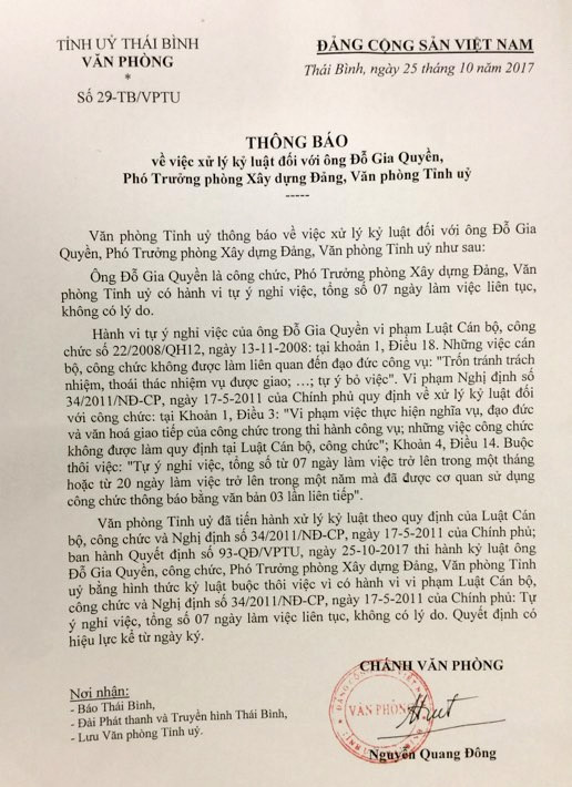 Thái Bình kỷ luật buộc thôi việc Phó Phòng Xây dựng Đảng ảnh 1