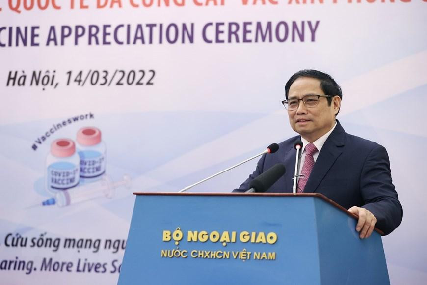 Thủ tướng Phạm Minh Chính phát biểu tại buổi gặp các đối tác quốc tế. (Ảnh: Dương Giang/TTXVN)