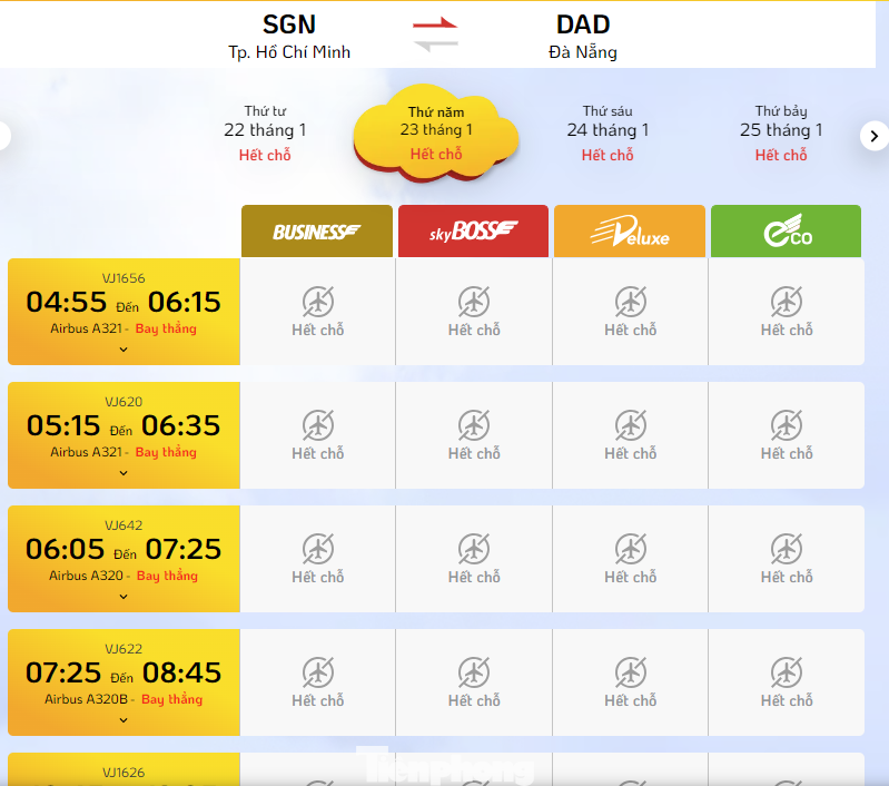 Các chặng bay từ TPHCM đi các tỉnh miền Bắc và miền Trung từ ngày 22-25/1 đã hết vé. Các chặng bay từ TPHCM đi các tỉnh miền Bắc và miền Trung từ ngày 22-25/1 đã hết vé.