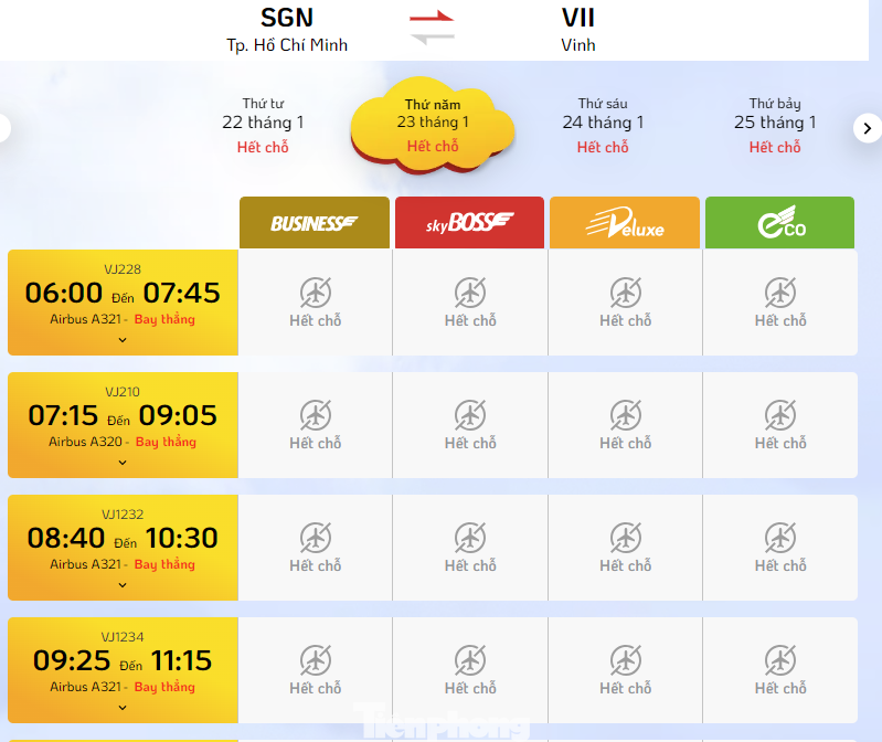 Các chặng bay từ TPHCM đi các tỉnh miền Bắc và miền Trung từ ngày 22-25/1 đã hết vé. Các chặng bay từ TPHCM đi các tỉnh miền Bắc và miền Trung từ ngày 22-25/1 đã hết vé.
