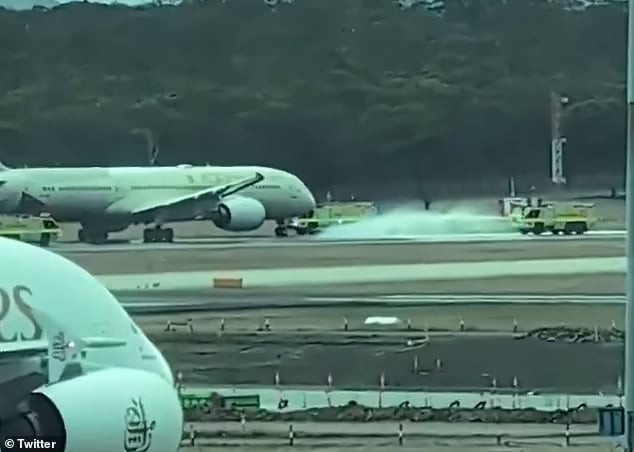 Bánh máy bay Boeing 787 của Hãng hàng không Etihad Airway phát nổ khi chuẩn bị cất cánh: Ảnh: Daily Mail Australia.