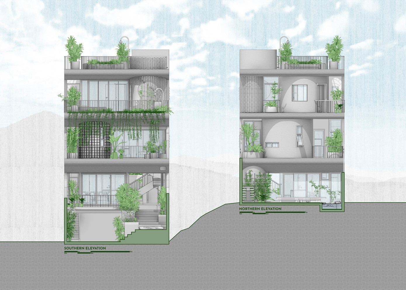 Sân trước được thiết kế với một loạt các bậc thang dài giống như thác nước, nơi cây xanh và hoa được chăm sóc cẩn thận đan xen vào ngôi nhà.