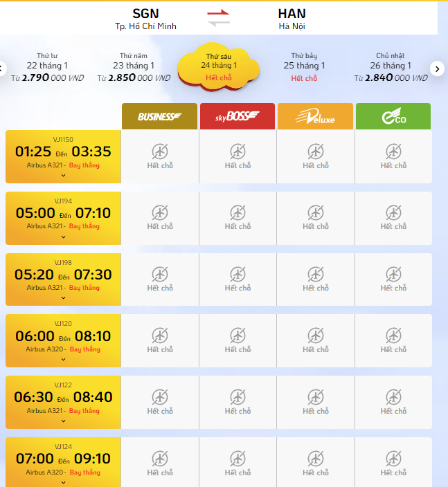 Các chuyến bay từ TPHCM đi các tỉnh miền Trung và miền Bắc gần như đã hết chỗ. Ảnh: Chụp màn hình. Các chuyến bay từ TPHCM đi các tỉnh miền Trung và miền Bắc gần như đã hết chỗ. Ảnh: Chụp màn hình.