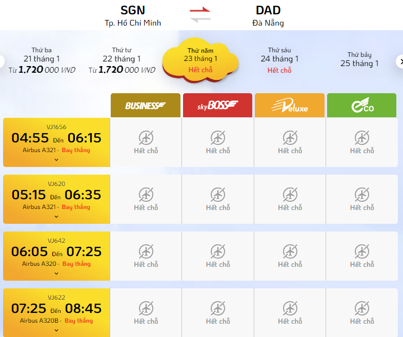 Các chuyến bay từ TPHCM đi các tỉnh miền Trung và miền Bắc gần như đã hết chỗ. Ảnh: Chụp màn hình. Các chuyến bay từ TPHCM đi các tỉnh miền Trung và miền Bắc gần như đã hết chỗ. Ảnh: Chụp màn hình.