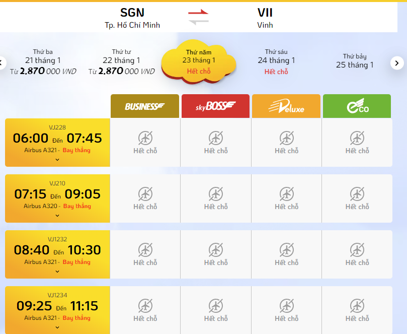 Các chuyến bay từ TPHCM đi các tỉnh miền Trung và miền Bắc gần như đã hết chỗ. Ảnh: Chụp màn hình. Các chuyến bay từ TPHCM đi các tỉnh miền Trung và miền Bắc gần như đã hết chỗ. Ảnh: Chụp màn hình.