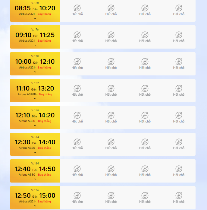 Các chuyến bay từ TPHCM đi các tỉnh miền Trung và miền Bắc gần như đã hết chỗ. Ảnh: Chụp màn hình. Các chuyến bay từ TPHCM đi các tỉnh miền Trung và miền Bắc gần như đã hết chỗ. Ảnh: Chụp màn hình.