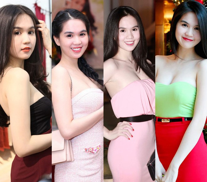 Ngoài các kiểu váy cổ thuyền, tay áo cánh nơ, Ngọc Trinh còn có hẳn một bộ sưu tập áo ống, cúp ngực mà trong đó vòng 1 của cô như muốn nhảy ra ngoài vì sự trễ nải hờ hững 