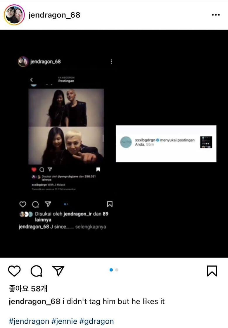 G-Dragon đã thích bài đăng về ảnh chụp chung của anh và tình tin đồn Jennie. Ảnh: Koreaboo.
