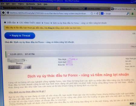 Lời chào mời ủy thác đầu tư trên các diễn đàn, trang mạng. 