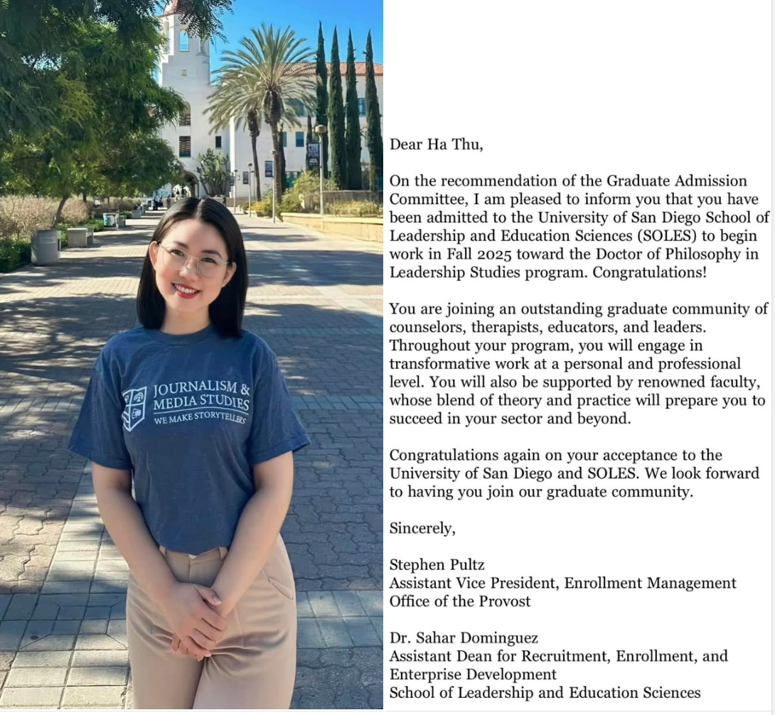 Chị Hoàng Hà Thu tiếp tục được nhận học bổng chương trình Tiến sĩ ngành Nghiên cứu lãnh đạo tại Trường Đại học San Diego.