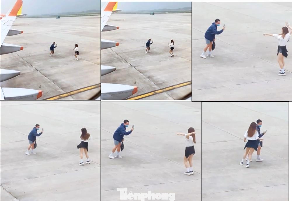 Liên tiếp các vụ việc khách đi máy bay đứng giữa sân bay quay clip nhún nhảy, không chỉ phản cảm còn nguy cơ uy hiếp an toàn, an ninh hàng không. Cục Hàng không đang vào cuộc xác minh và có thể xử lý với hành vi của 2 hành khách này. Ảnh cắt từ clip.