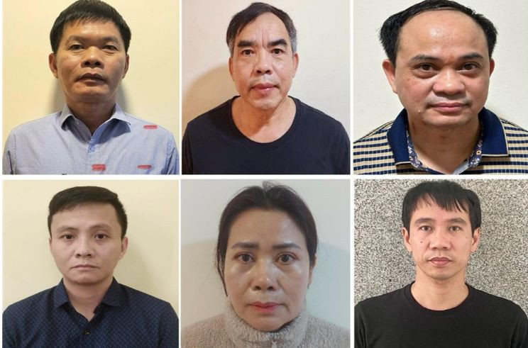 Các bị can Nguyễn Văn Khước, Chu Quốc Hải, Hoàng Văn Nhiệm, Cao Đại Nghĩa, Đinh Thị Thu Hương, Nguyễn Ngọc Huy (theo thứ tự từ trái sang phải, từ trên xuống dưới).