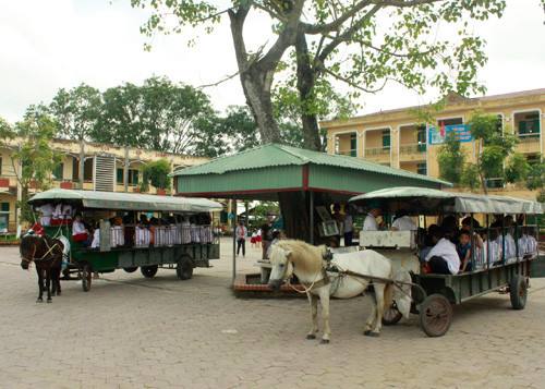 Xe ngựa đón đưa học sinh ở Trường tiểu học thị trấn Tứ Kỳ - Ảnh: V.N.K 