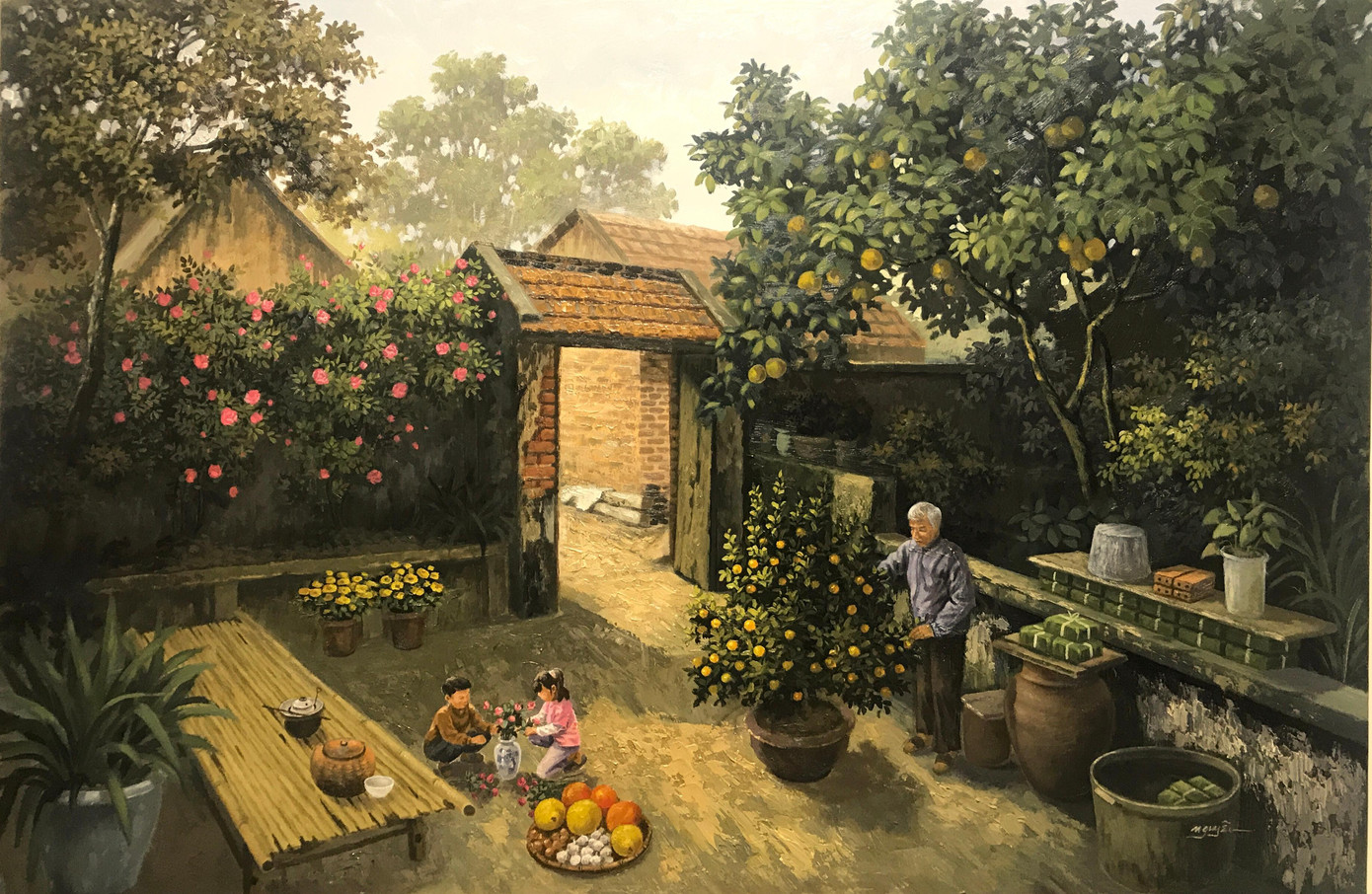 Chất liệu chính anh Nguyên sử dụng để sáng tác là màu acrylic và sơn dầu (Tác phẩm Hương vị ngày Tết). Chất liệu chính anh Nguyên sử dụng để sáng tác là màu acrylic và sơn dầu (Tác phẩm Hương vị ngày Tết).